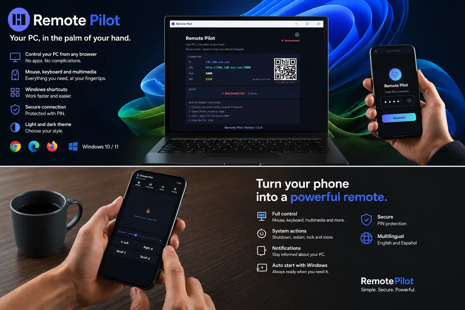 Remote Pilot: control your Windows PC from your phone or browser. Mouse, keyboard, multimedia, and system shortcuts with secure PIN connection, plus light and dark theme.