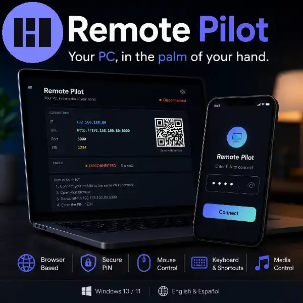 Remote Pilot preview: connection panel with QR pairing on a laptop and the mobile PIN screen on a phone